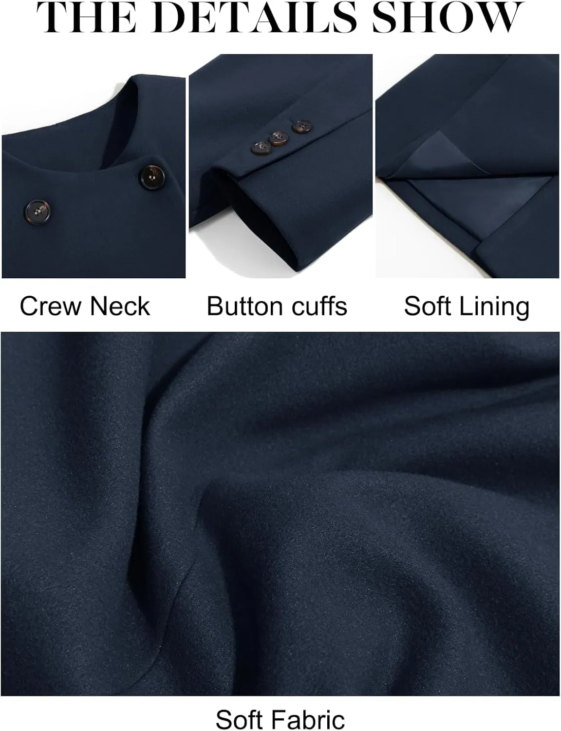 Cicy Bell Womens Wool Pea Coats Fall Oversized Collarless Blazer Jackets Double Breasted Mid Length Trench Coat