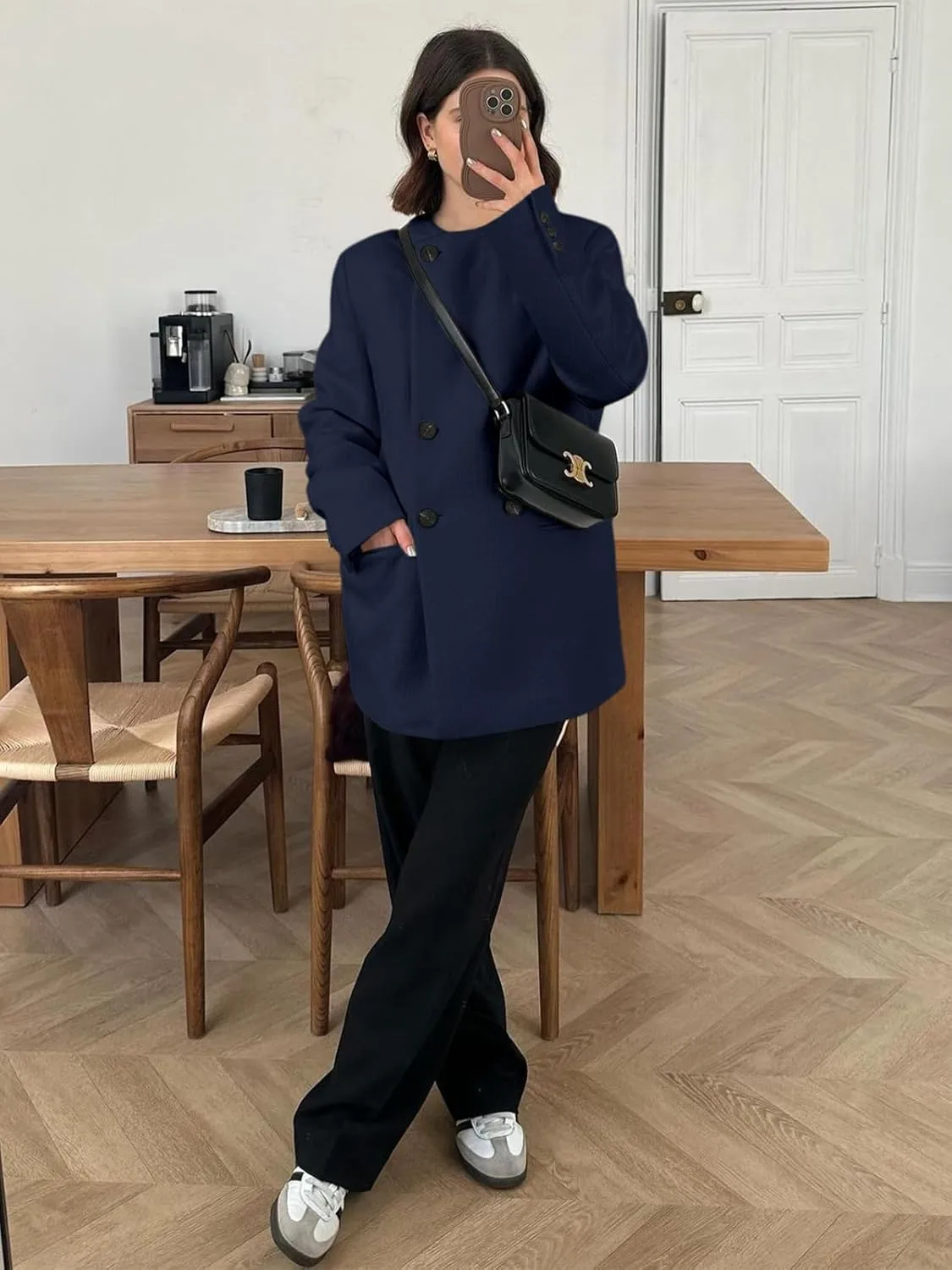 Cicy Bell Womens Wool Pea Coats Fall Oversized Collarless Blazer Jackets Double Breasted Mid Length Trench Coat
