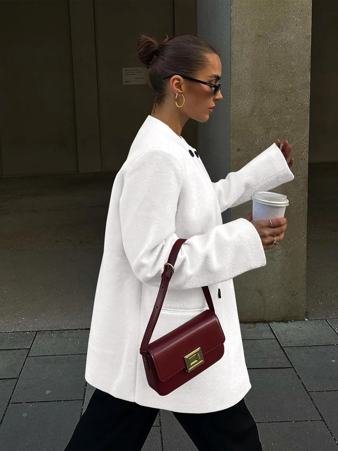 Cicy Bell Womens Wool Pea Coats Fall Oversized Collarless Blazer Jackets Double Breasted Mid Length Trench Coat