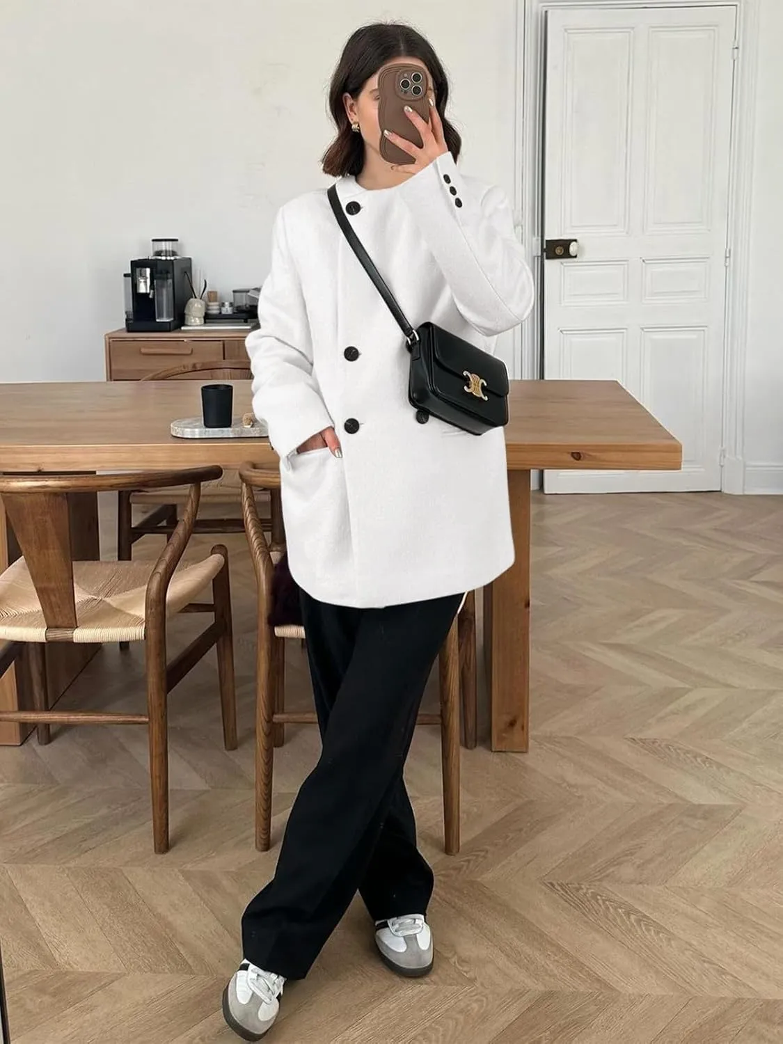 Cicy Bell Womens Wool Pea Coats Fall Oversized Collarless Blazer Jackets Double Breasted Mid Length Trench Coat