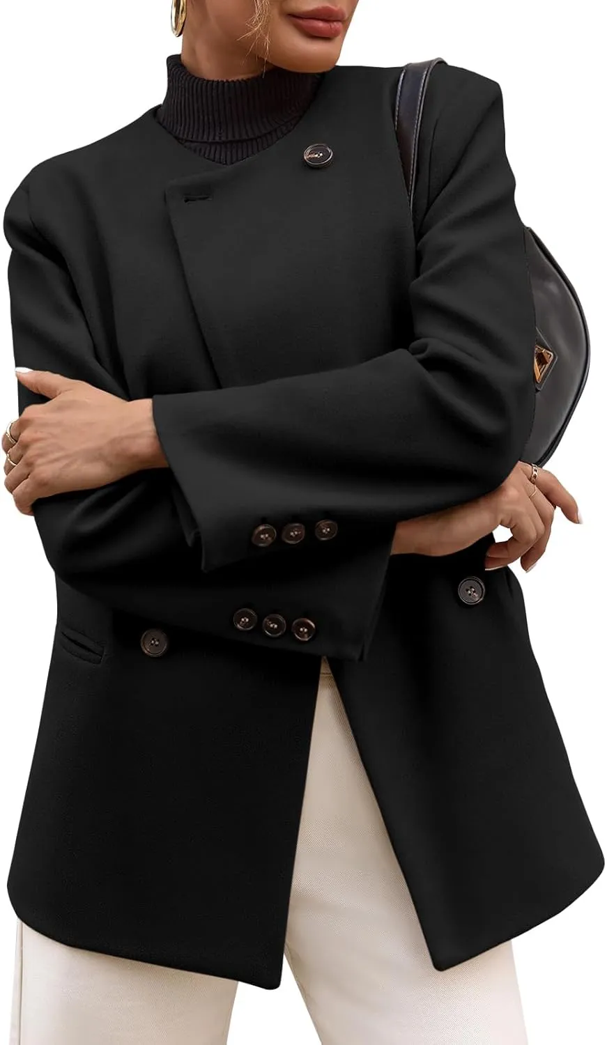 Cicy Bell Womens Wool Pea Coats Fall Oversized Collarless Blazer Jackets Double Breasted Mid Length Trench Coat