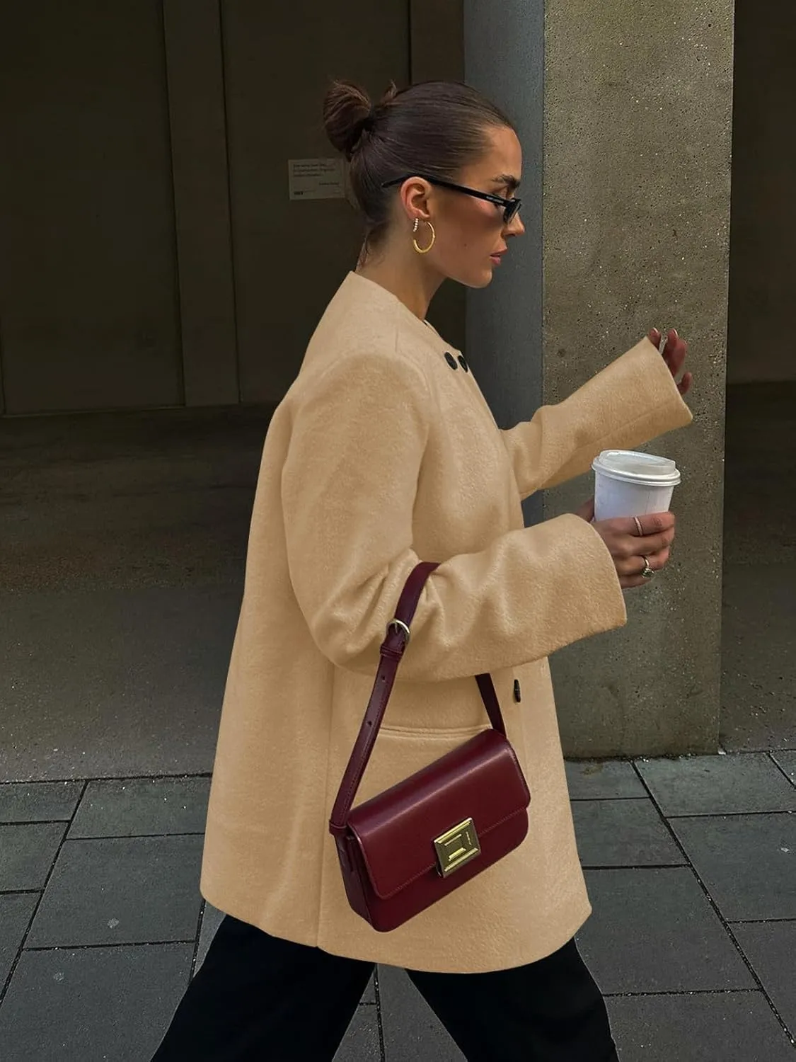 Cicy Bell Womens Wool Pea Coats Fall Oversized Collarless Blazer Jackets Double Breasted Mid Length Trench Coat