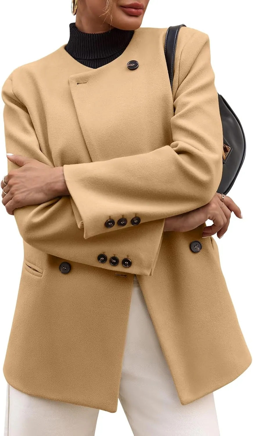 Cicy Bell Womens Wool Pea Coats Fall Oversized Collarless Blazer Jackets Double Breasted Mid Length Trench Coat