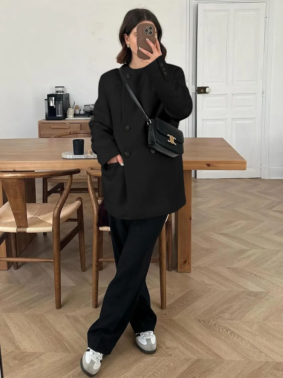 Cicy Bell Womens Wool Pea Coats Fall Oversized Collarless Blazer Jackets Double Breasted Mid Length Trench Coat