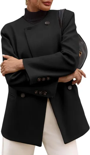 Cicy Bell Womens Wool Pea Coats Fall Oversized Collarless Blazer Jackets Double Breasted Mid Length Trench Coat