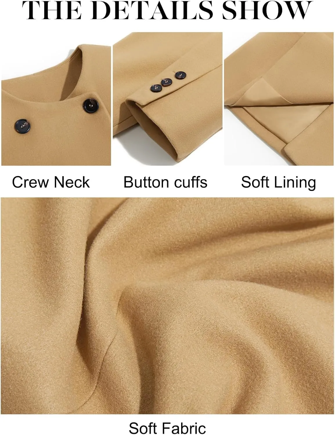Cicy Bell Womens Wool Pea Coats Fall Oversized Collarless Blazer Jackets Double Breasted Mid Length Trench Coat