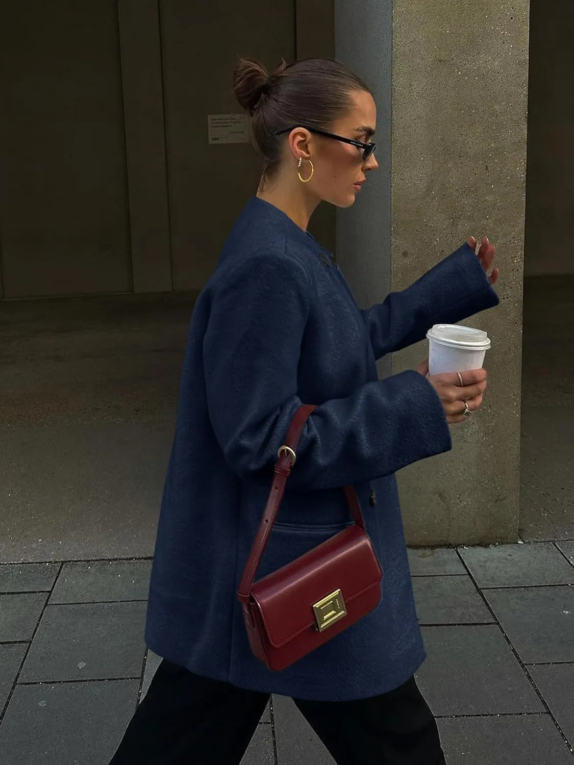 Cicy Bell Womens Wool Pea Coats Fall Oversized Collarless Blazer Jackets Double Breasted Mid Length Trench Coat
