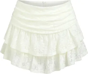 CIDER Women's Ruched Floral Lace Knit Layered Mini Skort