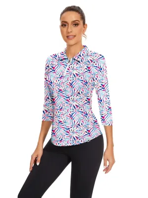 Colorful Leaf Quarter-zip 3/4 Sleeve Polo Shirt For Women