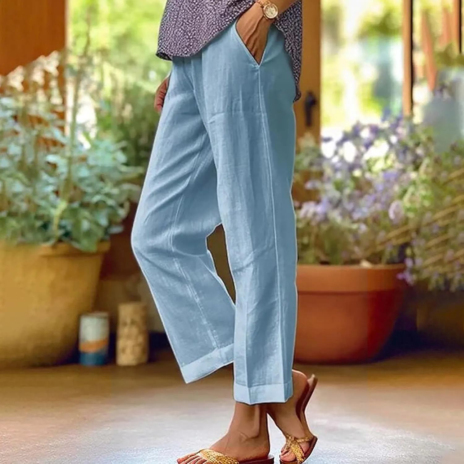 Comfy Linen Pants Women Casual 2025 Summer Pants Drawstring Hight Waist Lightweight Loose Fit Trousers with Pockets