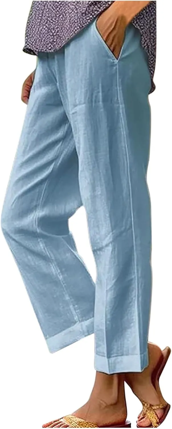 Comfy Linen Pants Women Casual 2025 Summer Pants Drawstring Hight Waist Lightweight Loose Fit Trousers with Pockets