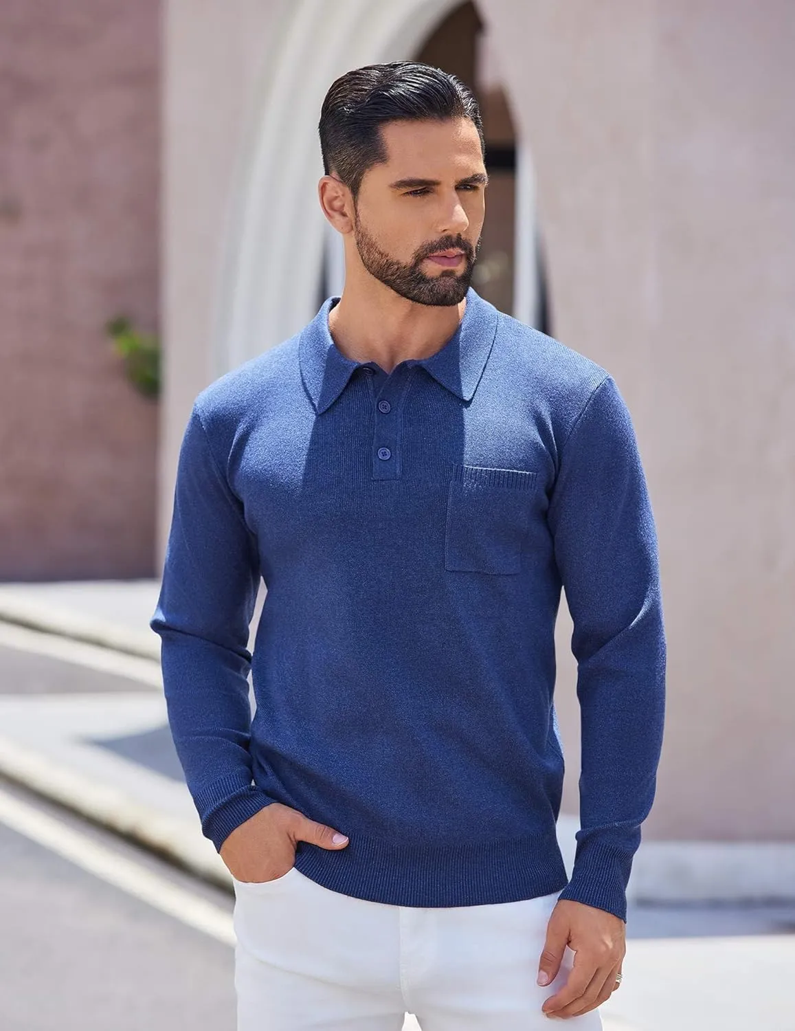 COOFANDY Mens Long Sleeve Polo Sweater Knit Polo Casual Heavyweight Thermal Pullover Sweater with Pocket