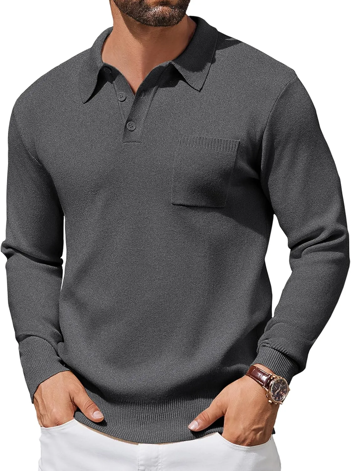 COOFANDY Mens Long Sleeve Polo Sweater Knit Polo Casual Heavyweight Thermal Pullover Sweater with Pocket