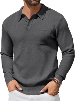 COOFANDY Mens Long Sleeve Polo Sweater Knit Polo Casual Heavyweight Thermal Pullover Sweater with Pocket