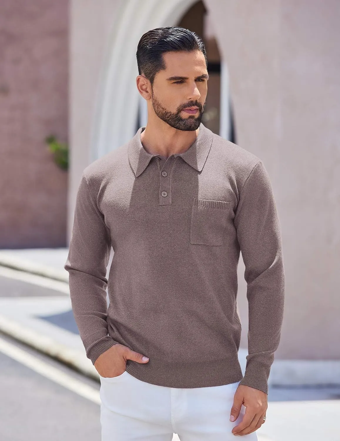 COOFANDY Mens Long Sleeve Polo Sweater Knit Polo Casual Heavyweight Thermal Pullover Sweater with Pocket