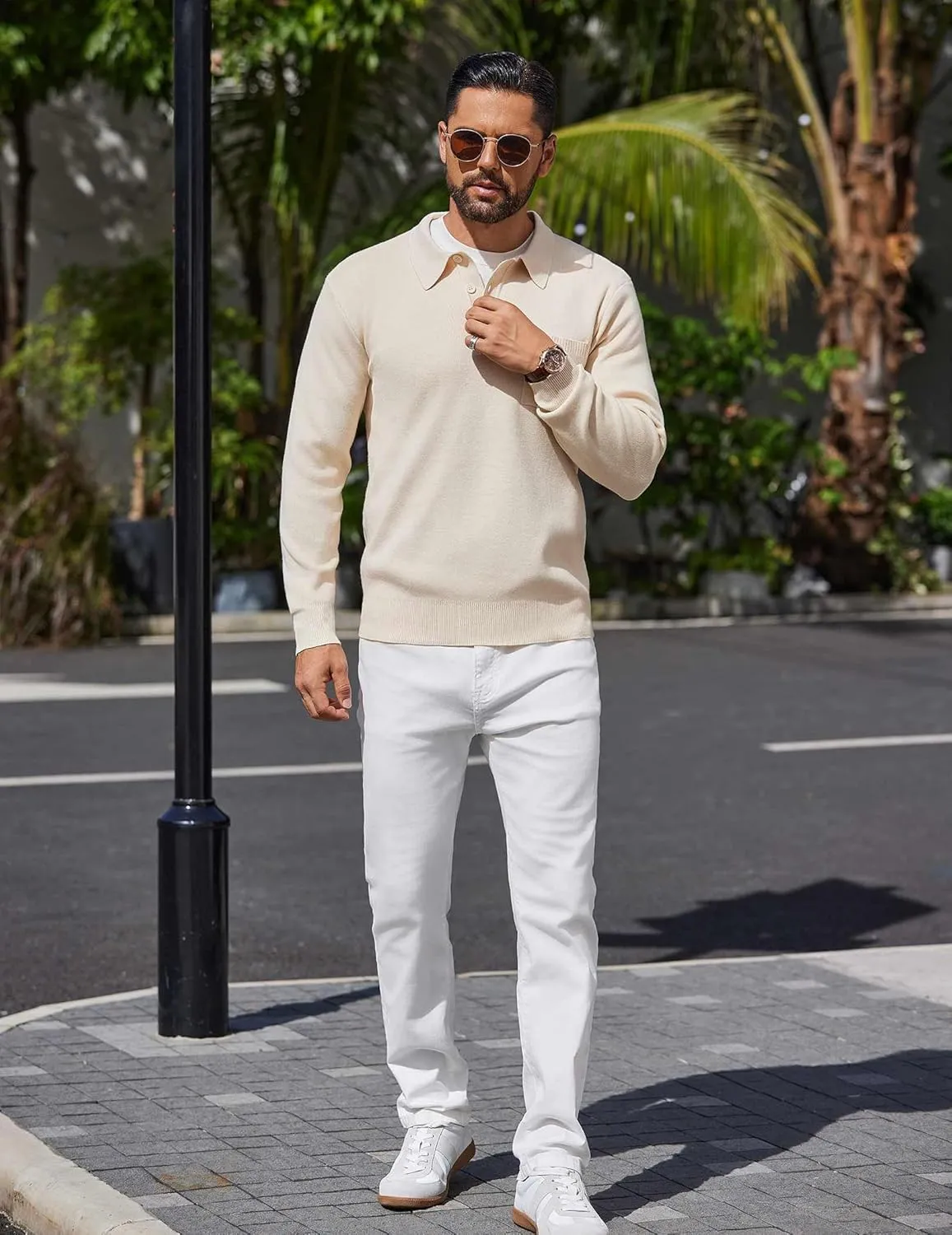 COOFANDY Mens Long Sleeve Polo Sweater Knit Polo Casual Heavyweight Thermal Pullover Sweater with Pocket