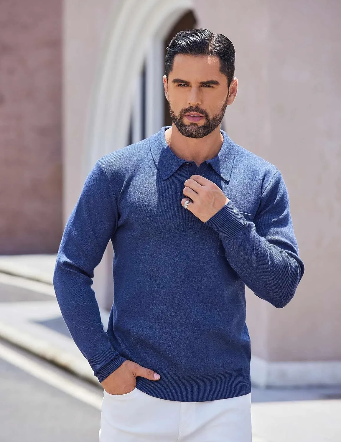 COOFANDY Mens Long Sleeve Polo Sweater Knit Polo Casual Heavyweight Thermal Pullover Sweater with Pocket