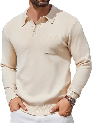COOFANDY Mens Long Sleeve Polo Sweater Knit Polo Casual Heavyweight Thermal Pullover Sweater with Pocket