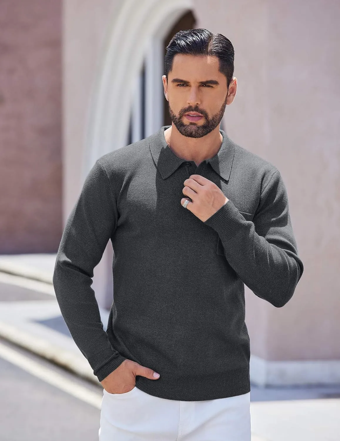 COOFANDY Mens Long Sleeve Polo Sweater Knit Polo Casual Heavyweight Thermal Pullover Sweater with Pocket