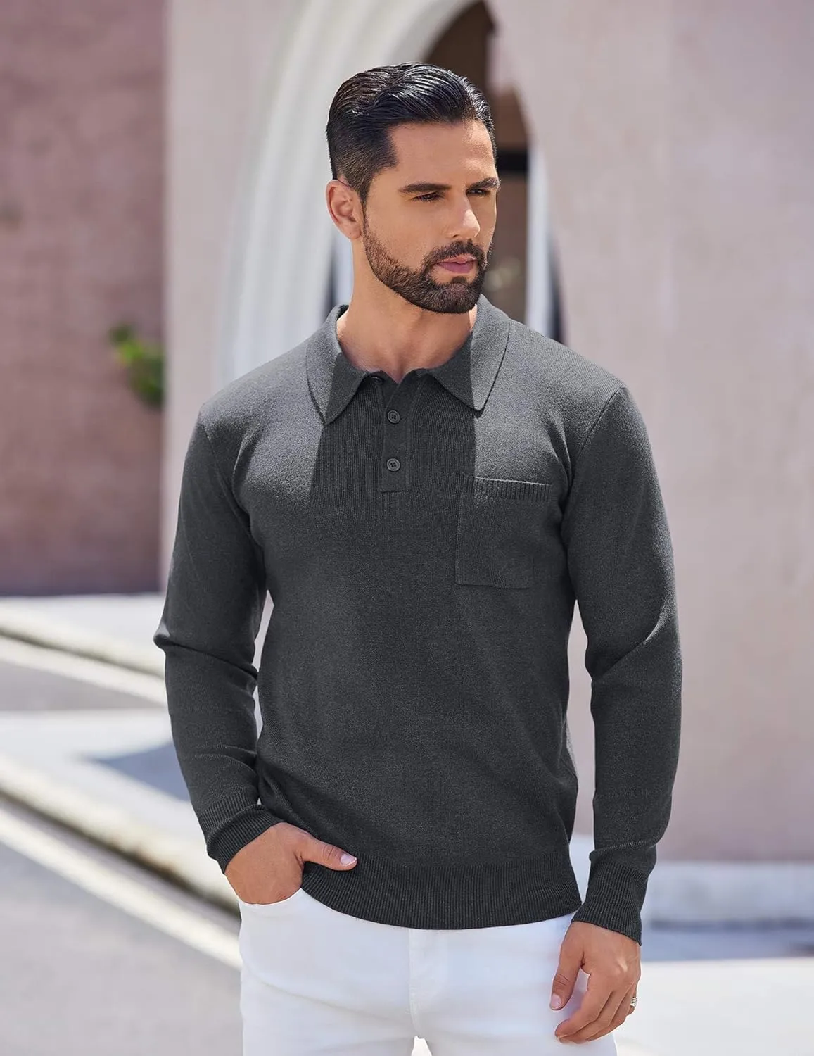 COOFANDY Mens Long Sleeve Polo Sweater Knit Polo Casual Heavyweight Thermal Pullover Sweater with Pocket