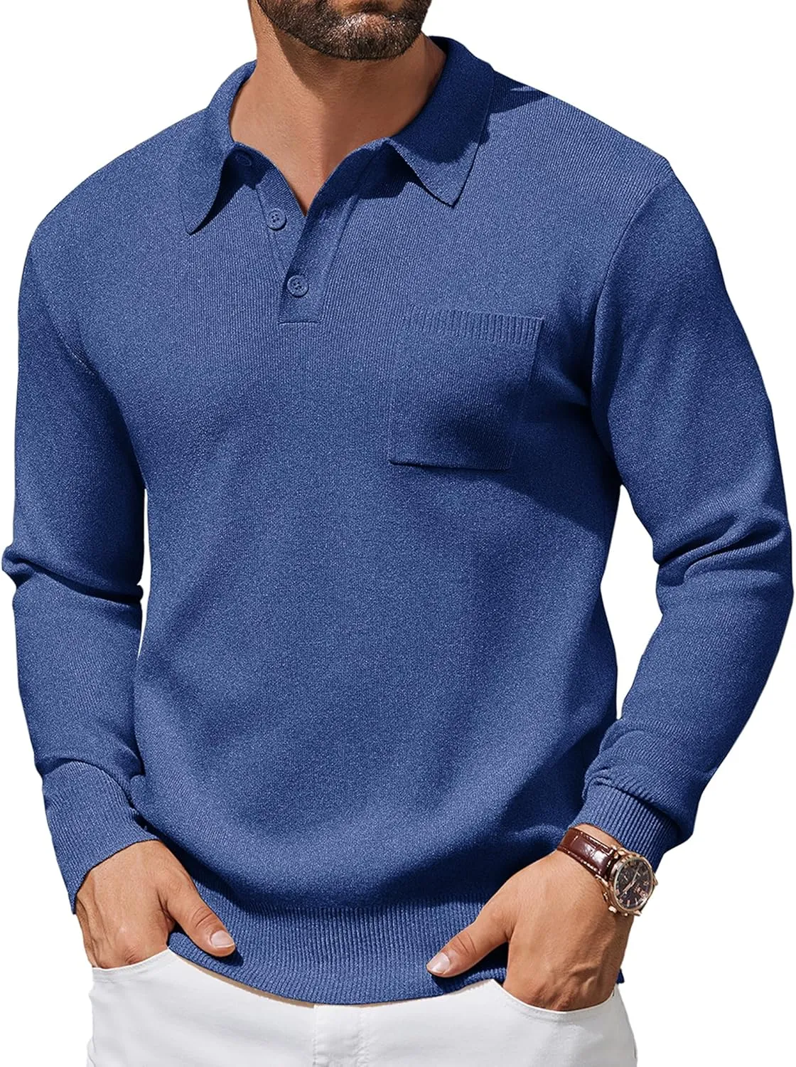 COOFANDY Mens Long Sleeve Polo Sweater Knit Polo Casual Heavyweight Thermal Pullover Sweater with Pocket