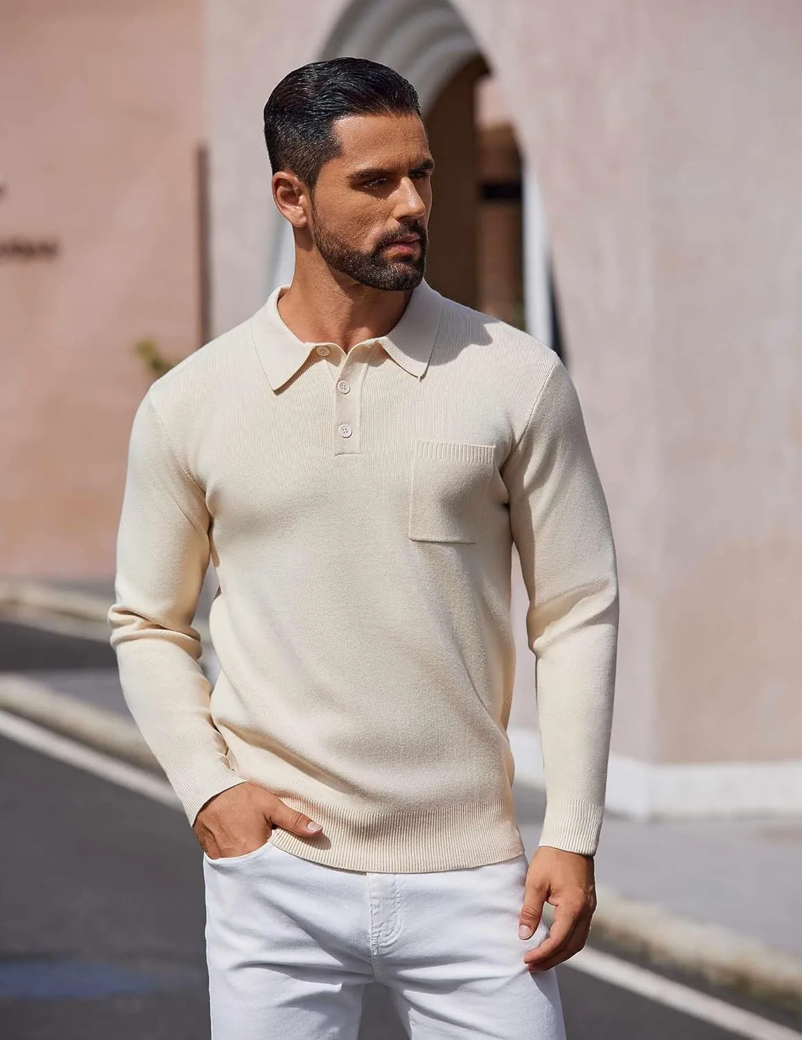 COOFANDY Mens Long Sleeve Polo Sweater Knit Polo Casual Heavyweight Thermal Pullover Sweater with Pocket