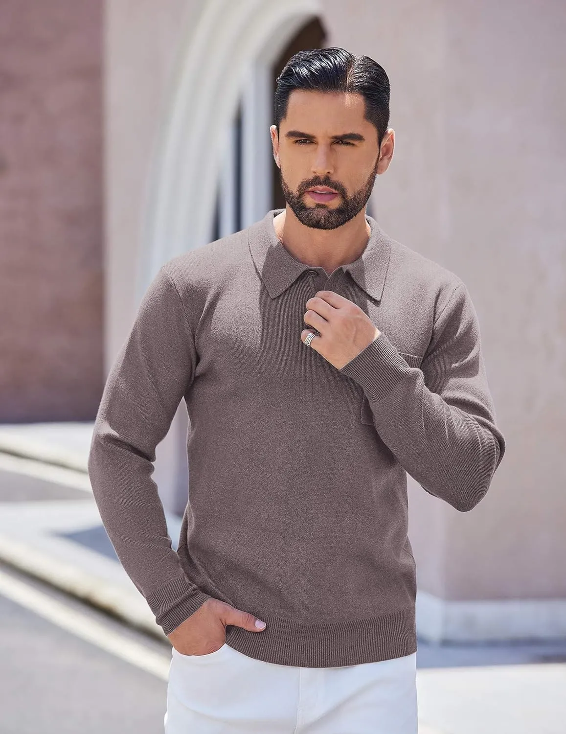 COOFANDY Mens Long Sleeve Polo Sweater Knit Polo Casual Heavyweight Thermal Pullover Sweater with Pocket