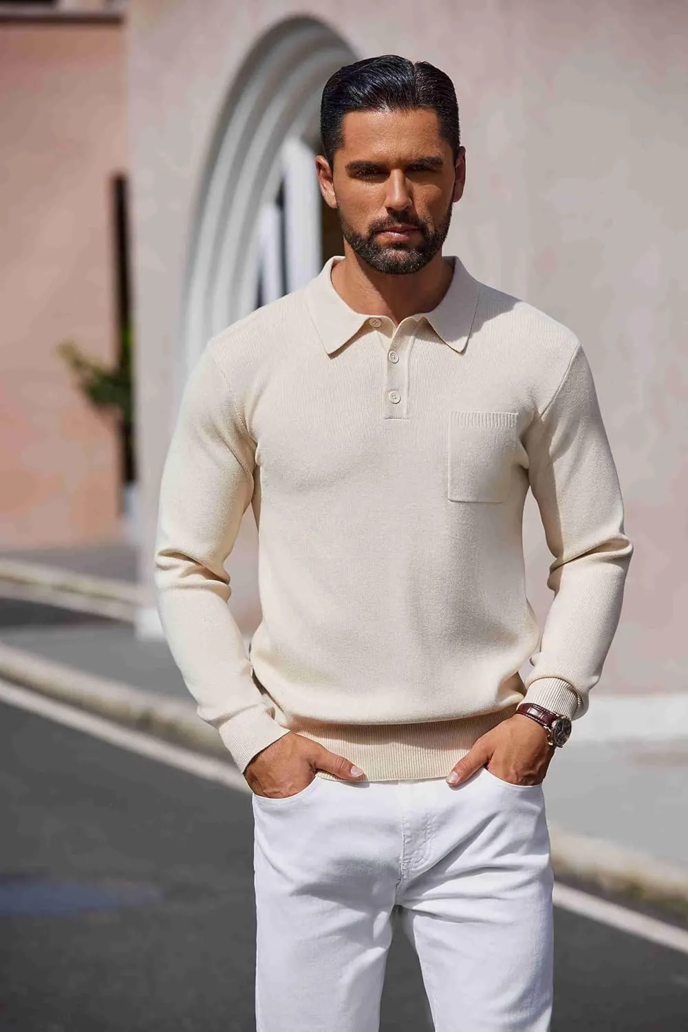 COOFANDY Mens Long Sleeve Polo Sweater Knit Polo Casual Heavyweight Thermal Pullover Sweater with Pocket