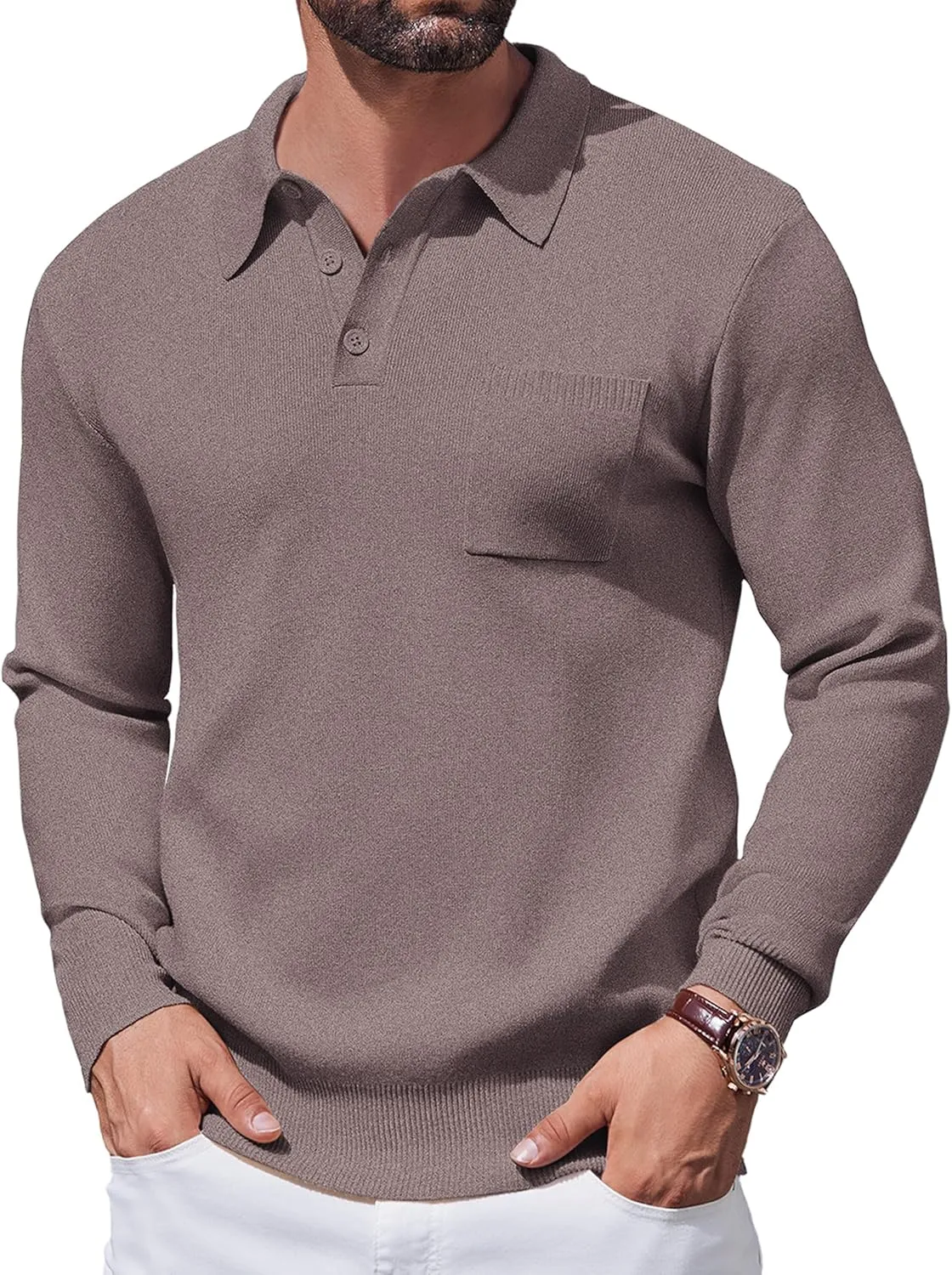 COOFANDY Mens Long Sleeve Polo Sweater Knit Polo Casual Heavyweight Thermal Pullover Sweater with Pocket