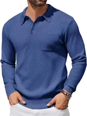 COOFANDY Mens Long Sleeve Polo Sweater Knit Polo Casual Heavyweight Thermal Pullover Sweater with Pocket