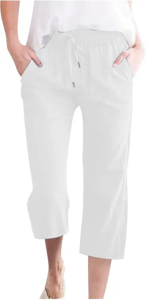 Cotton Linen Capri Pants for Women High Waist Cropped Pant Tie Knot Wide Leg Slacks Summer Beach Palazzo Trousers