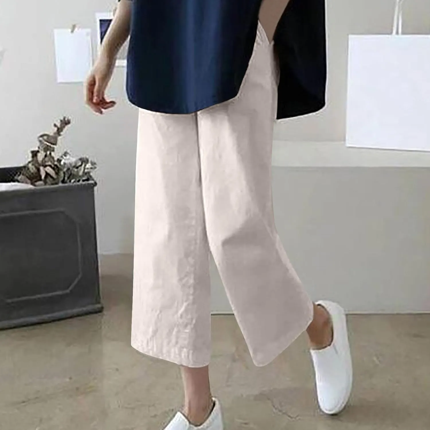 Cotton Linen Capris Pants for Women Casual Summer 2025 Straight Wide Leg Loose Elastic Waist Cropped Trouser