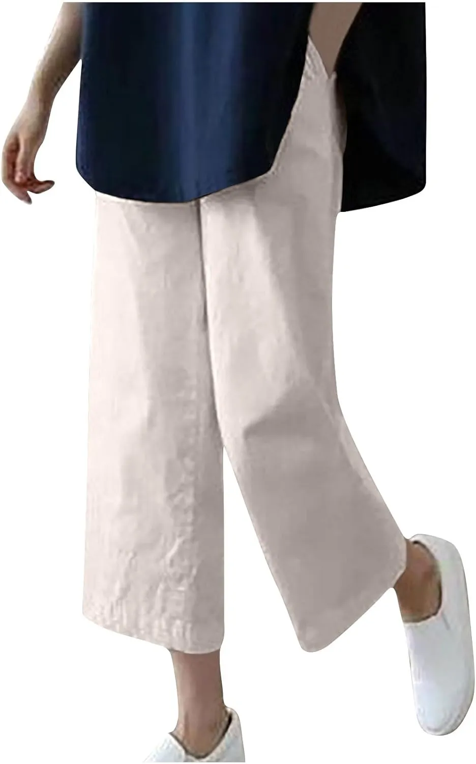 Cotton Linen Capris Pants for Women Casual Summer 2025 Straight Wide Leg Loose Elastic Waist Cropped Trouser