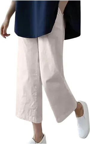 Cotton Linen Capris Pants for Women Casual Summer 2025 Straight Wide Leg Loose Elastic Waist Cropped Trouser