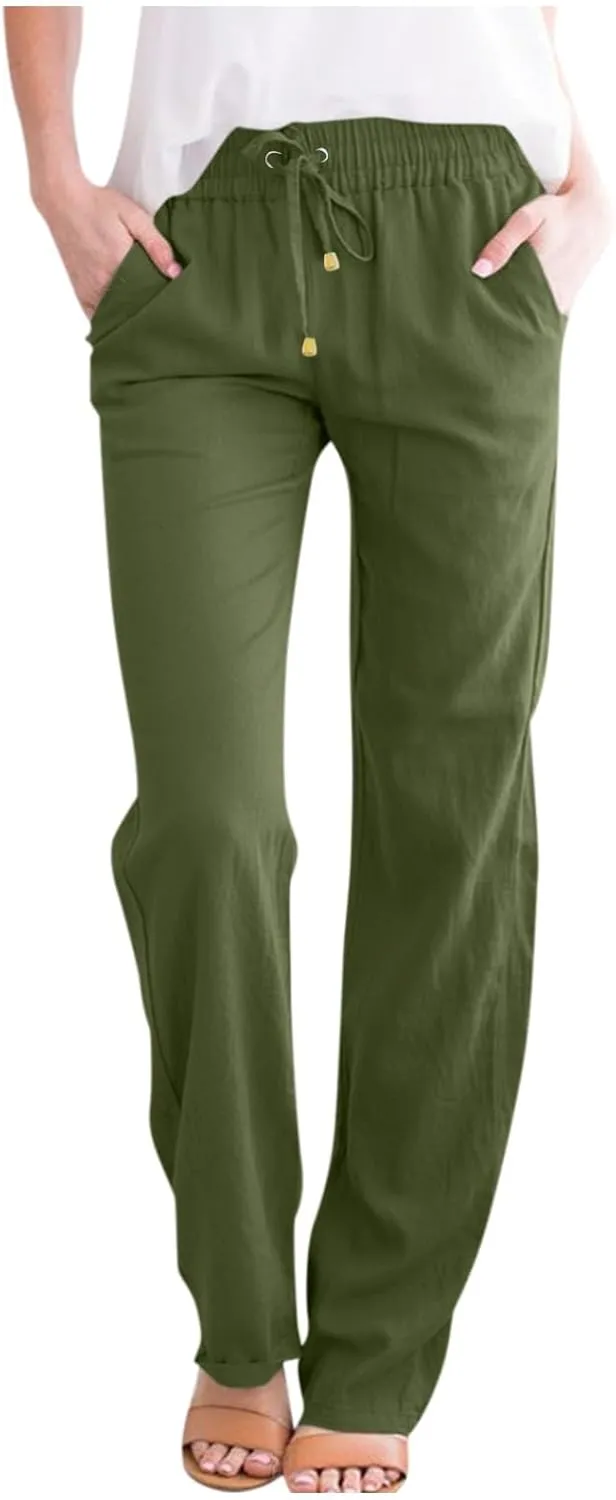 Cotton Linen Pants for Women Baggy Drawstring High Waisted Boho Palazzo Pants Lightweight Summer Pants with Pockets