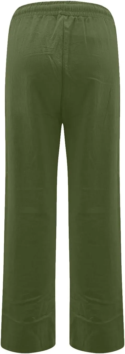 Cotton Linen Pants for Women Baggy Drawstring High Waisted Boho Palazzo Pants Lightweight Summer Pants with Pockets