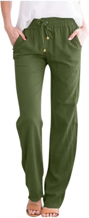 Cotton Linen Pants for Women Baggy Drawstring High Waisted Boho Palazzo Pants Lightweight Summer Pants with Pockets
