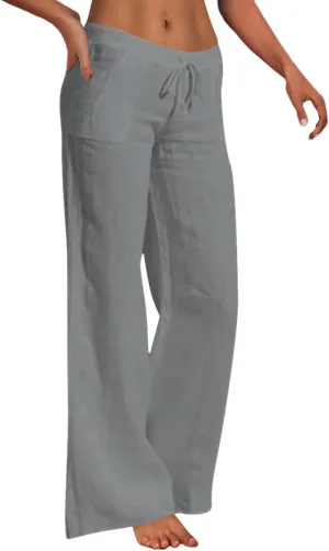 Cotton Linen Pants for Women Elastic Waisted Drawstring Straight Wide Leg Trousers Summer Lightweight Long Pant
