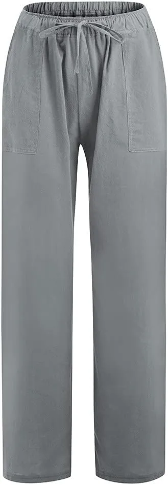 Cotton Linen Pants for Women Elastic Waisted Drawstring Straight Wide Leg Trousers Summer Lightweight Long Pant