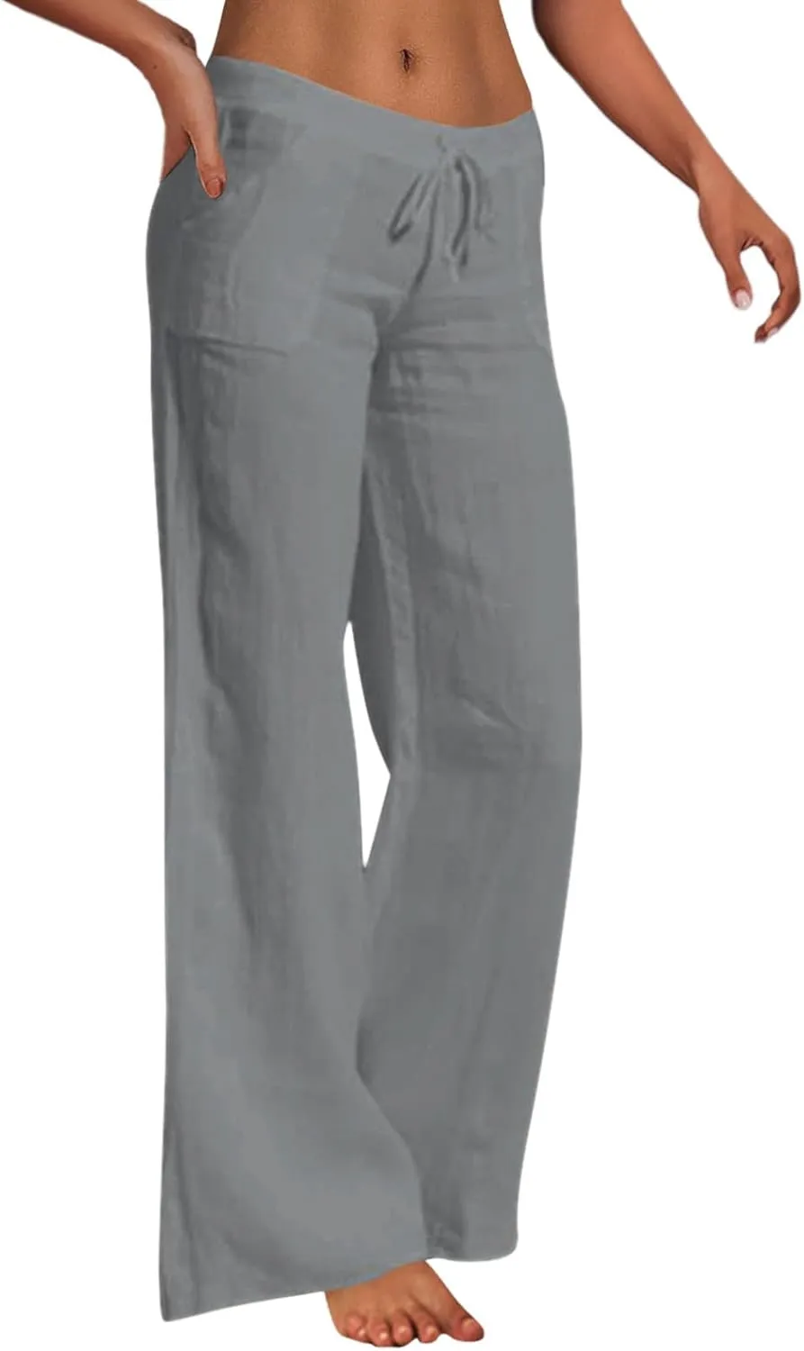 Cotton Linen Pants for Women Elastic Waisted Drawstring Straight Wide Leg Trousers Summer Lightweight Long Pant