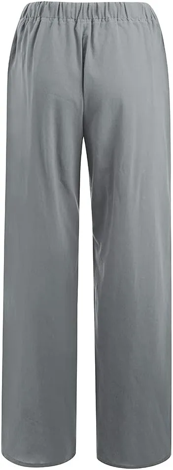 Cotton Linen Pants for Women Elastic Waisted Drawstring Straight Wide Leg Trousers Summer Lightweight Long Pant