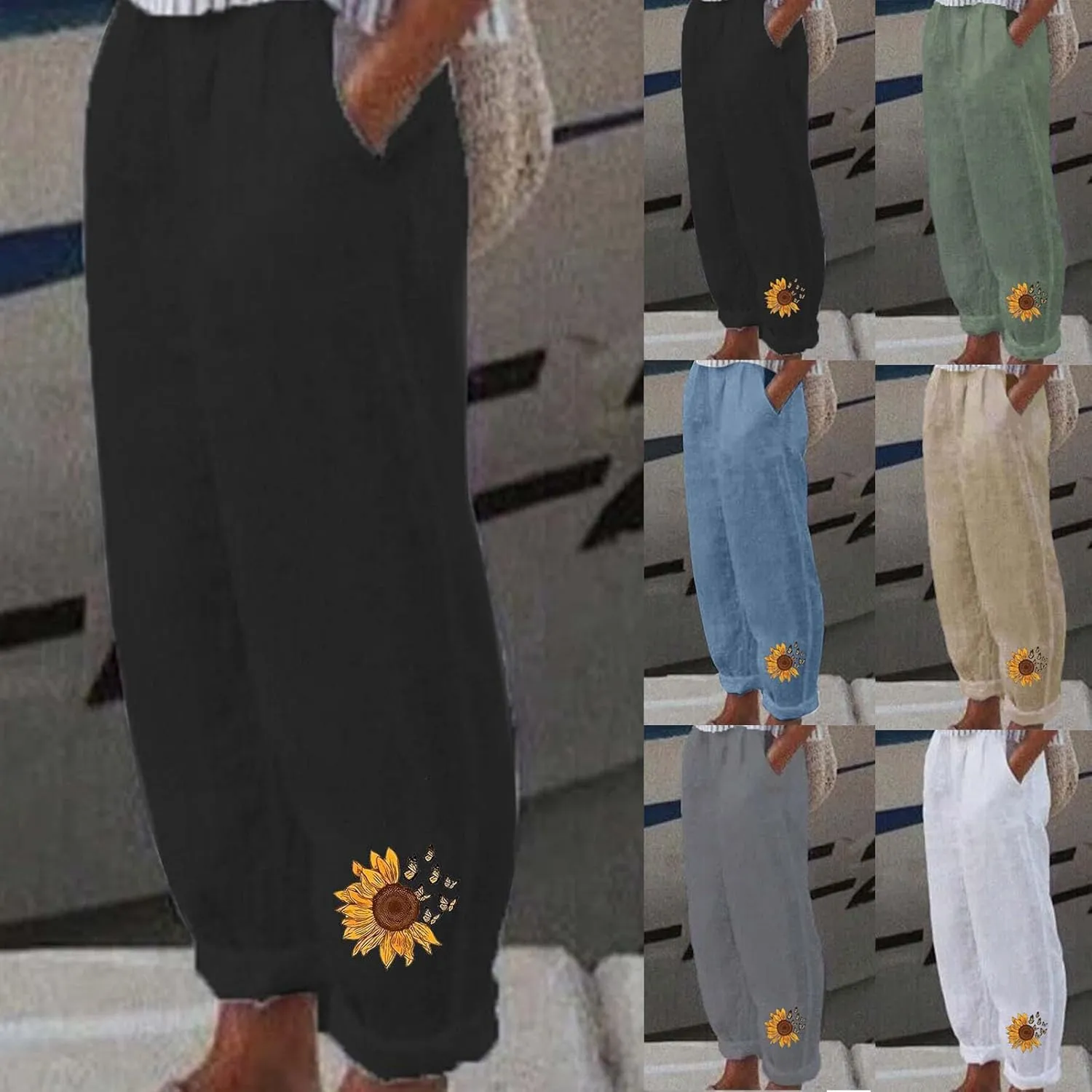 Cotton Linen Pants Women Casual Drawstring High Waist Summer Trousers Loose Fit Lounge Beach Pants with Graphic