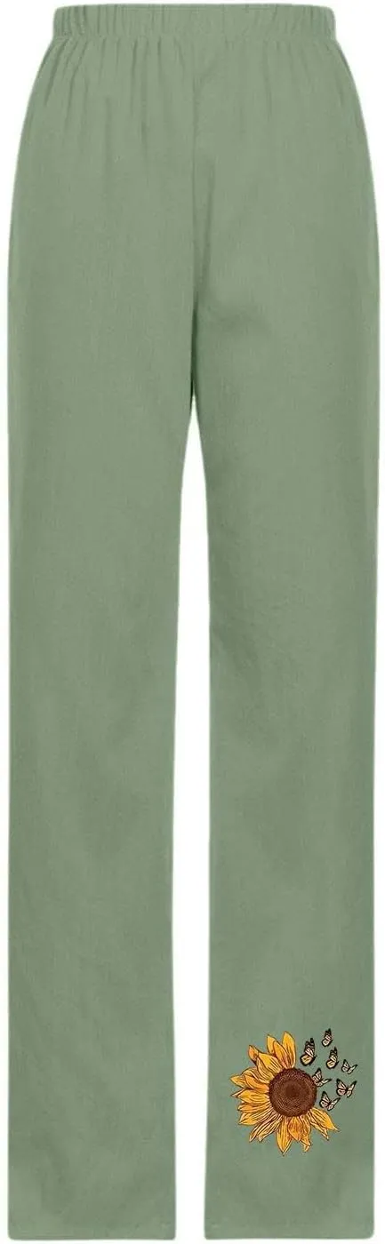 Cotton Linen Pants Women Casual Drawstring High Waist Summer Trousers Loose Fit Lounge Beach Pants with Graphic
