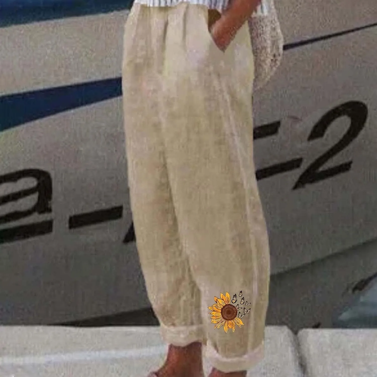 Cotton Linen Pants Women Casual Drawstring High Waist Summer Trousers Loose Fit Lounge Beach Pants with Graphic