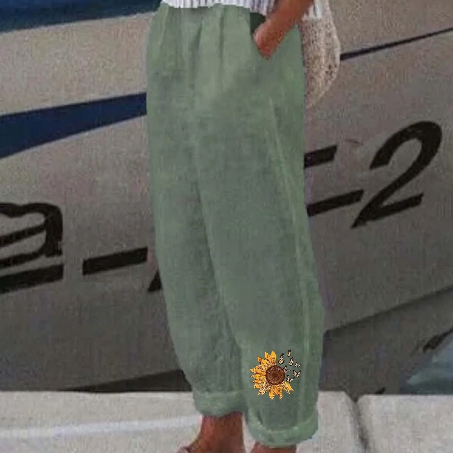 Cotton Linen Pants Women Casual Drawstring High Waist Summer Trousers Loose Fit Lounge Beach Pants with Graphic