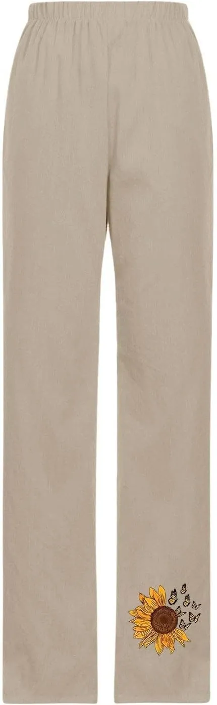 Cotton Linen Pants Women Casual Drawstring High Waist Summer Trousers Loose Fit Lounge Beach Pants with Graphic