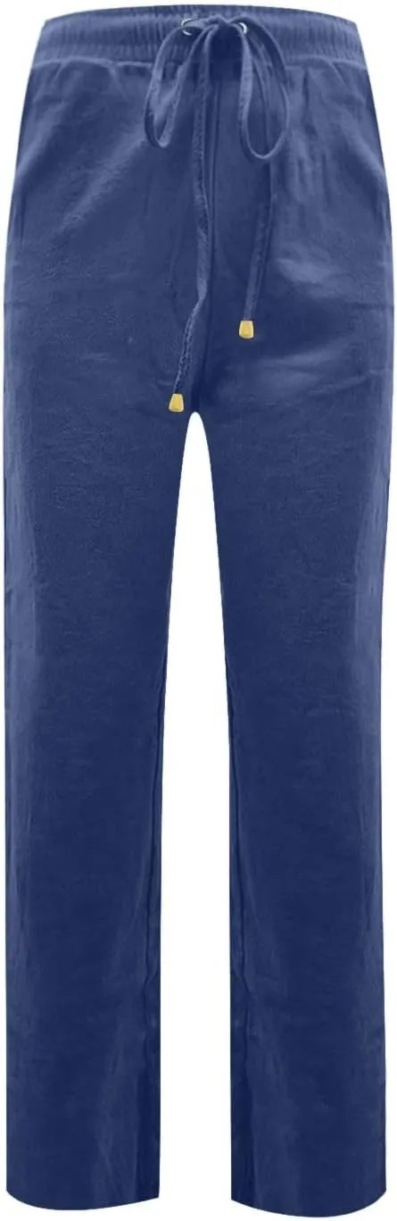 Cotton Linen Pants Women Elastic Waist Pull On Dress Pants Straight Leg Summer Boho Flowy Beach Pants with Pockets