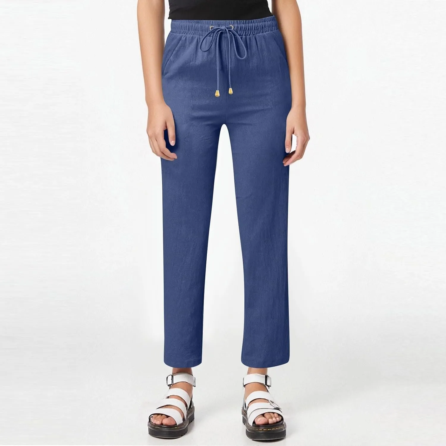 Cotton Linen Pants Women Elastic Waist Pull On Dress Pants Straight Leg Summer Boho Flowy Beach Pants with Pockets