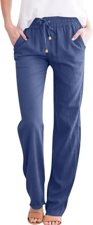Cotton Linen Pants Women Elastic Waist Pull On Dress Pants Straight Leg Summer Boho Flowy Beach Pants with Pockets