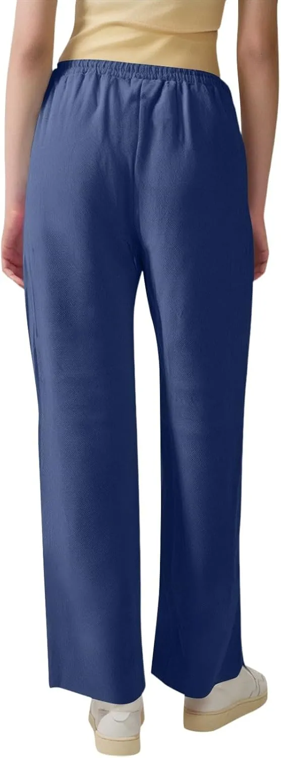 Cotton Linen Pants Women Elastic Waist Pull On Dress Pants Straight Leg Summer Boho Flowy Beach Pants with Pockets